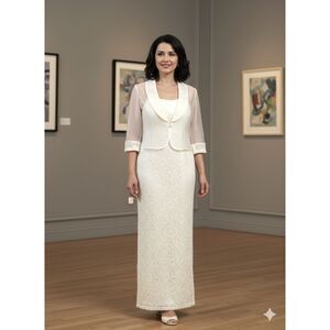 Alex Evenings White/Ivory Lace Dress and Sheer Organza Jacket Set Size 10 VTG